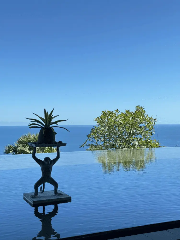 Monkey statue holding pineapple plant by infinity pool overlooking Bali ocean.